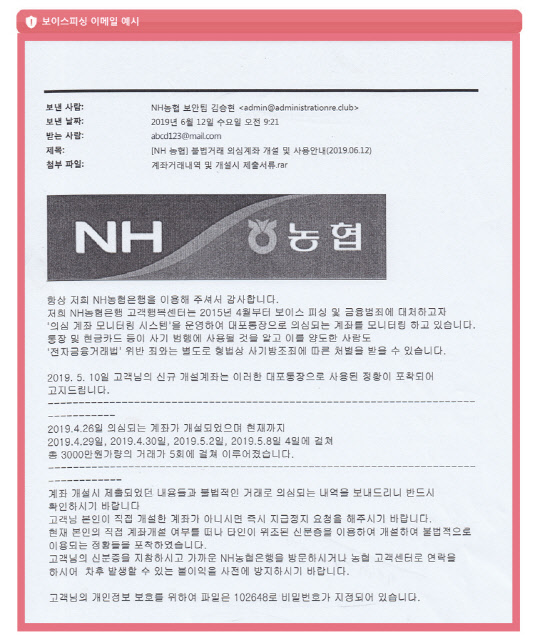 NH농협은행 홈페이지에 띄운 피싱메일 유의 팝업 창.   NH농협은행 제공